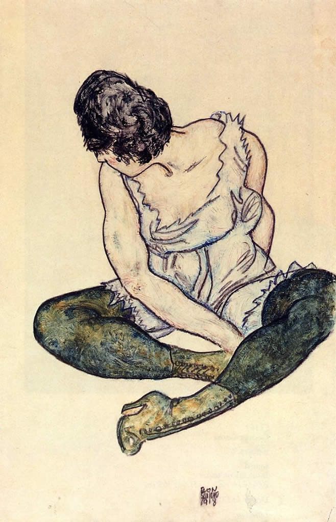 Egon Schiele Seated Woman with Green Stockings